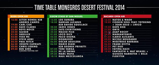 Horarios del 20º Aniversario de Monegros Horarios del 20º Aniversario de Monegros